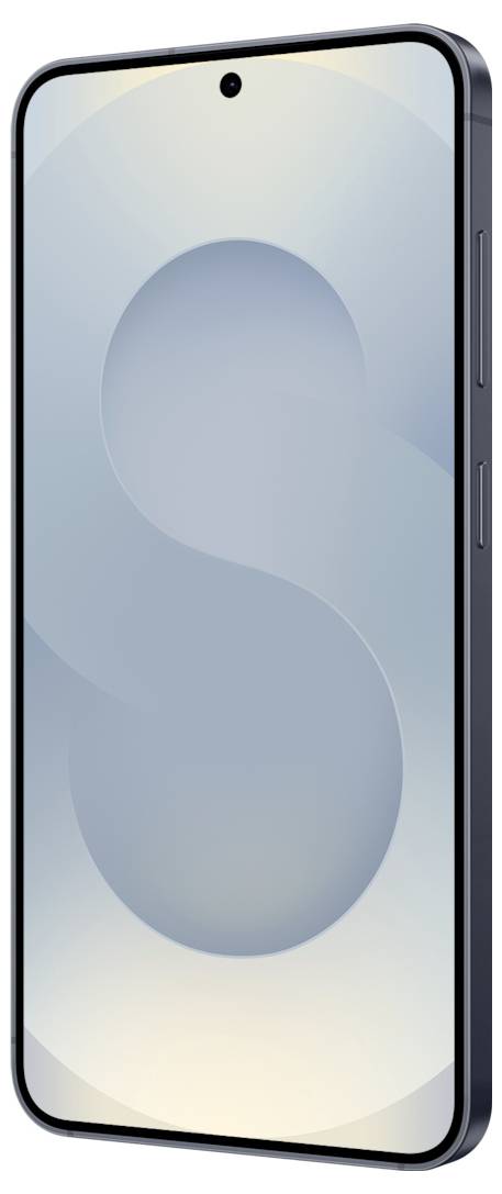 Ein schwarzes Smartphone mit einem großen Bildschirm, das ein subtiles, abstraktes Design mit überlappenden Grautönen zeigt.