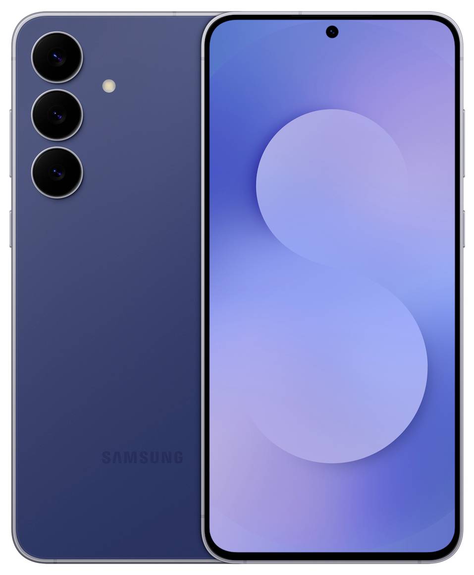 Ein Smartphone mit einem großen Bildschirm und einem abstrakten blau-violetten Design. Die Rückseite zeigt drei vertikal angeordnete Kameras.