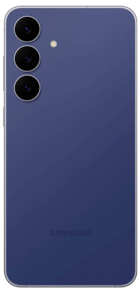 Ein blaues Smartphone mit dreifacher Kameraausstattung auf der Rückseite, mit schlankem Design und minimalem Branding im unteren Bereich.