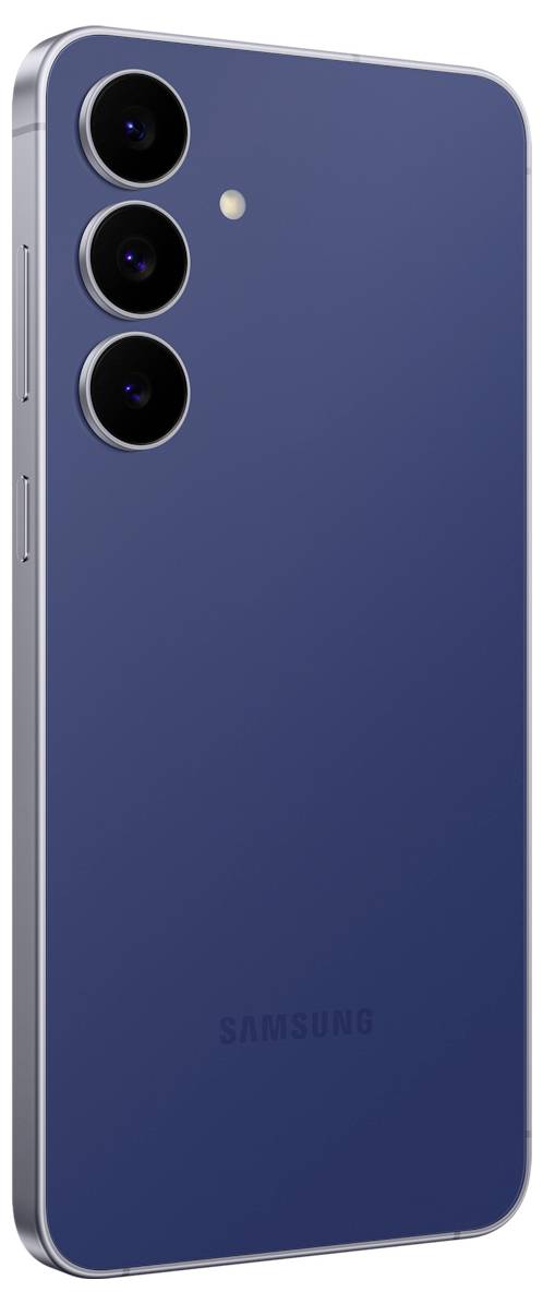 Ein elegantes blaues Smartphone mit drei rückwärtigen Kameras in vertikaler Anordnung mit minimalisti schem Design.