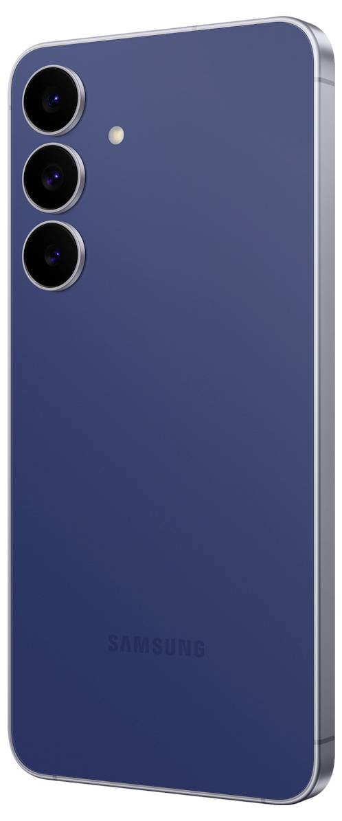 Ein blaues Smartphone mit schlankem Design und Triple-Rückkamerasystem, von hinten betrachtet. Der Markenname ist subtil sichtbar.