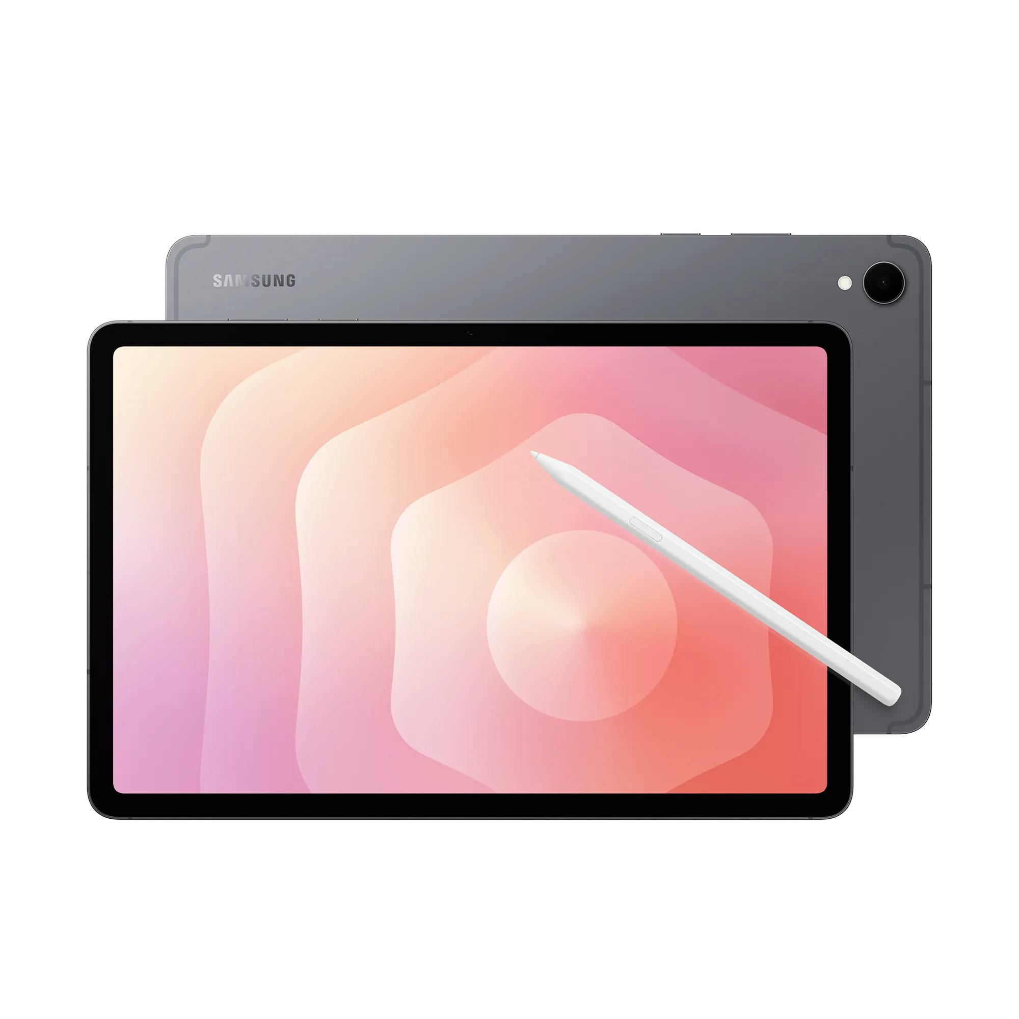 Ein Samsung-Tablet mit einem Stiftpenn lehnt an seiner Seite und zeigt ein rosa abstraktes Bildschirmmuster. Das Tablet hat ein elegantes, modernes Design.
