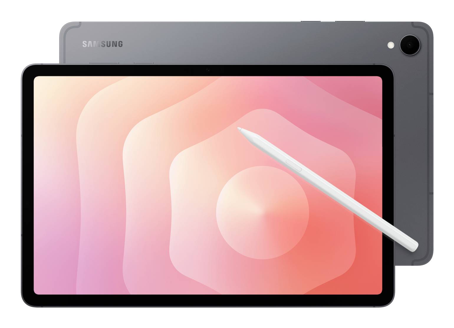 Ein Tablet mit einem digitalen Stift ruht auf seinem Bildschirm und zeigt ein rosa Farbverlauf-Display. Das Gerät ist grau und befindet sich auf einem weißen Hintergrund.