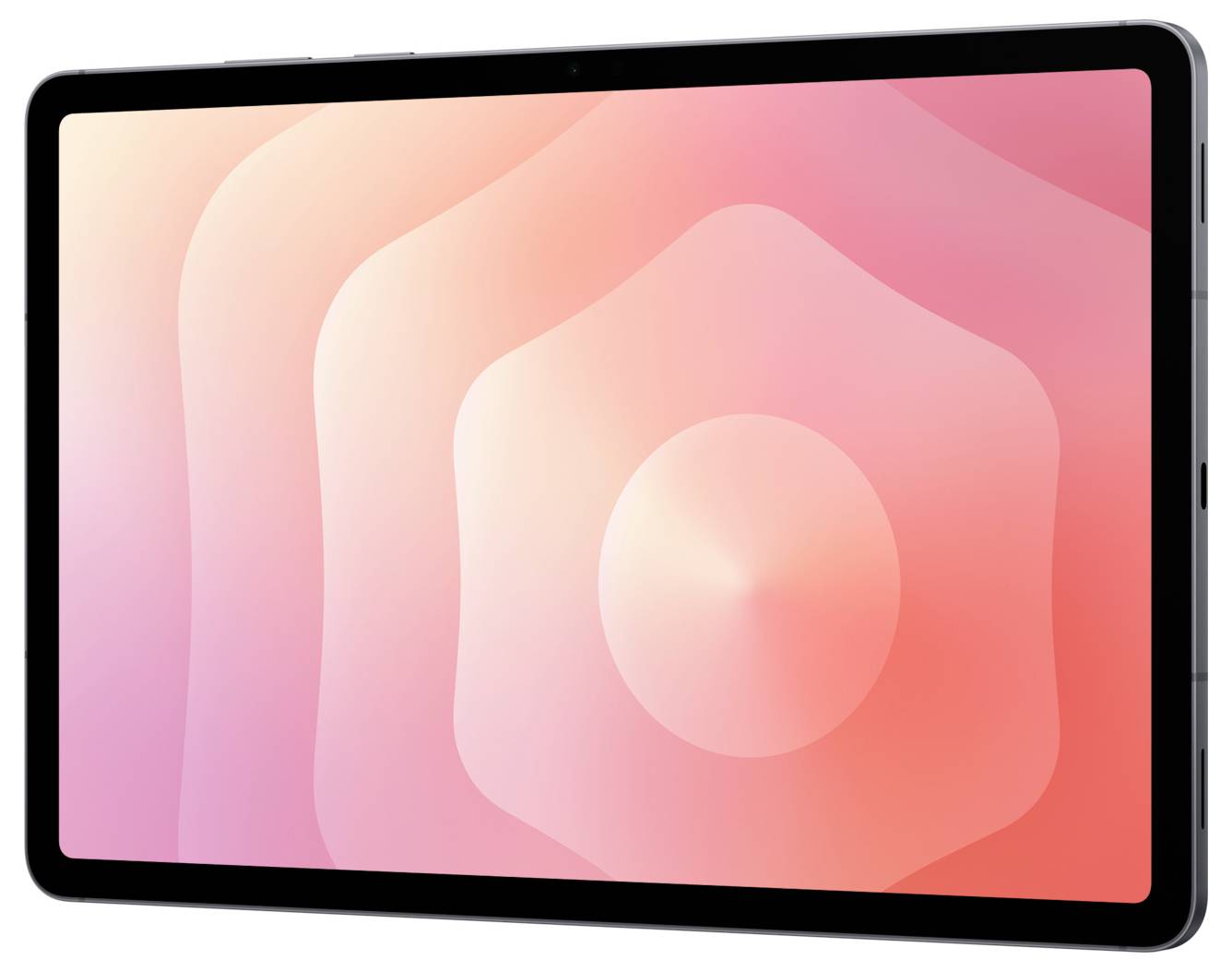 Ein Tablet mit einem Bildschirm, der ein rosa und orange Farbverlauf-Design mit wellenförmigen konzentrischen Kreisen anzeigt.