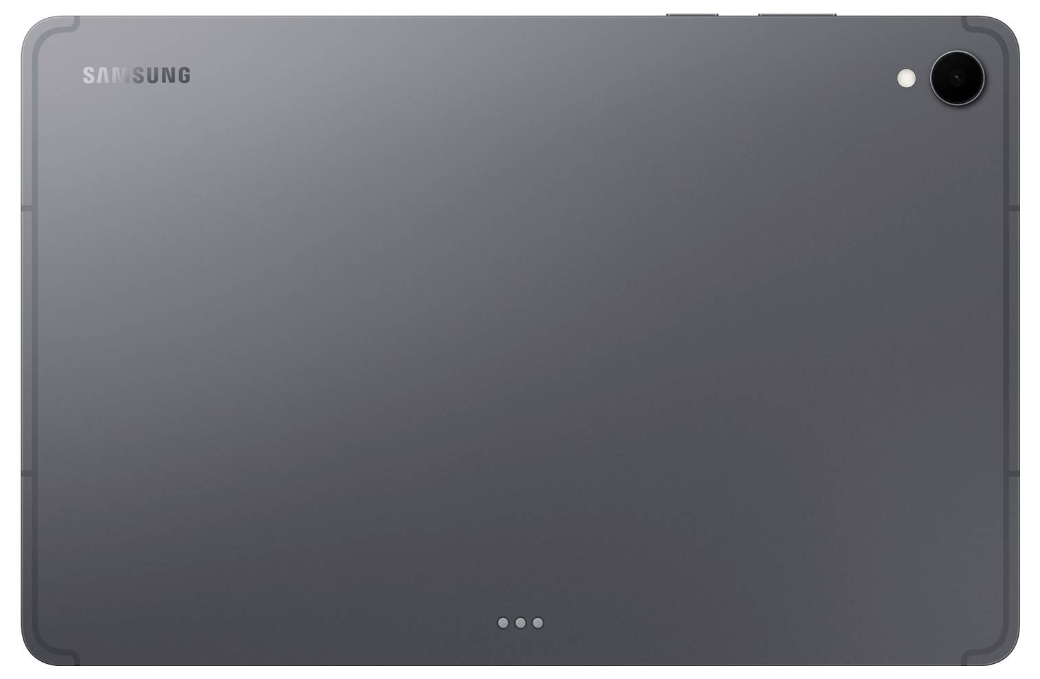 Ein graues Samsung-Tablet von hinten betrachtet, mit der Kamera in der oberen rechten Ecke.