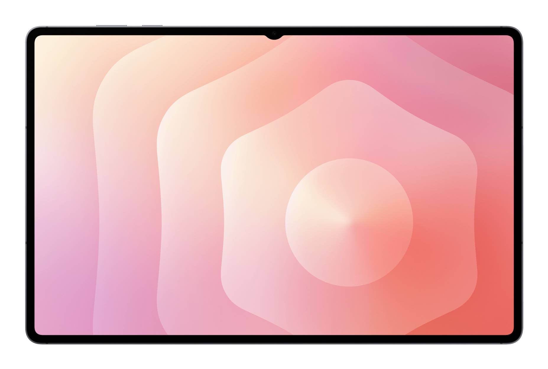 Ein Tablet mit schwarzem Rahmen zeigt ein digitales rosa und pfirsichfarbenes abstraktes Muster mit wellenförmigen konzentrischen Formen und einem zentralen kreisförmigen Farbverlauf.