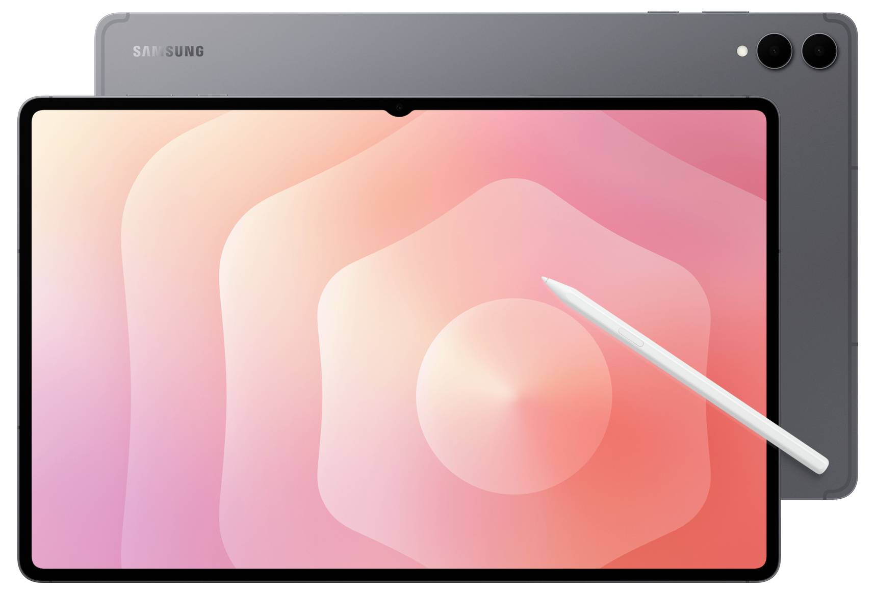 Ein Samsung-Tablet mit Stylus und rosa Farbverlauf auf dem Bildschirm. Das Gerät hat ein elegantes Design und hebt seine große Anzeige hervor.