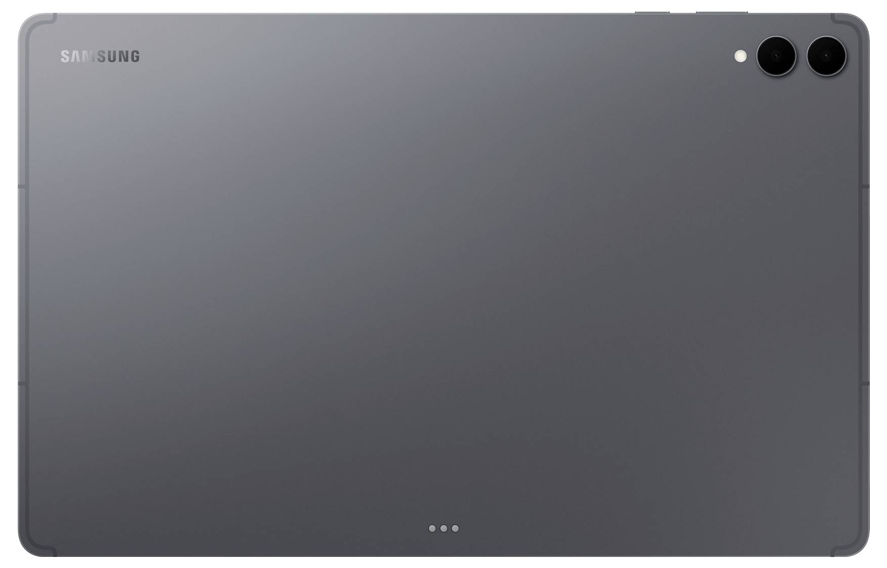 Die Rückseite eines dunkelgrauen Tablets mit dem Samsung-Logo und dem Dual-Kamera-Setup in der oberen rechten Ecke.