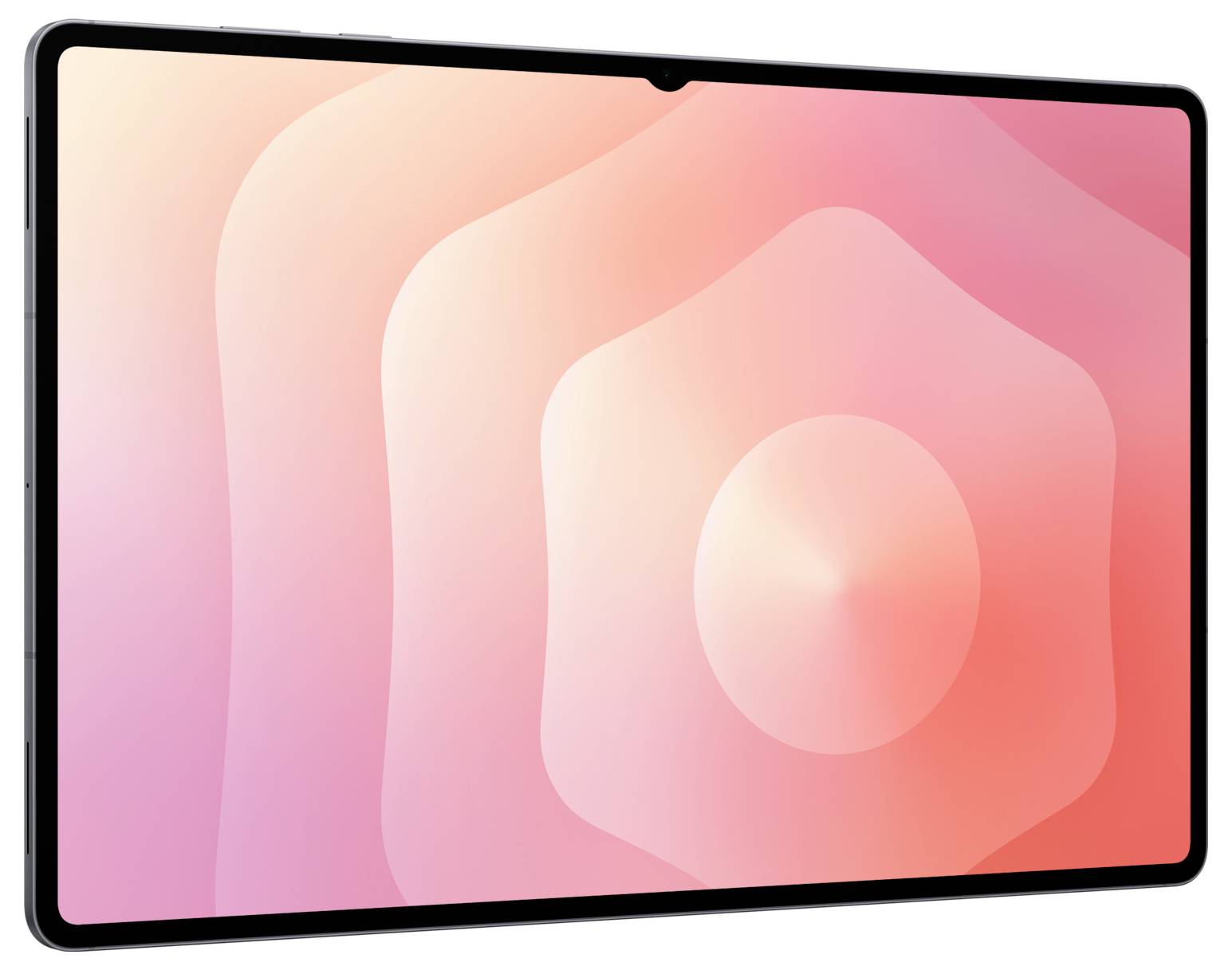 Ein Tablet mit großem Bildschirm, das ein rosa und pfirsichfarbenes abstraktes Design mit konzentrischen Kreisen anzeigt.