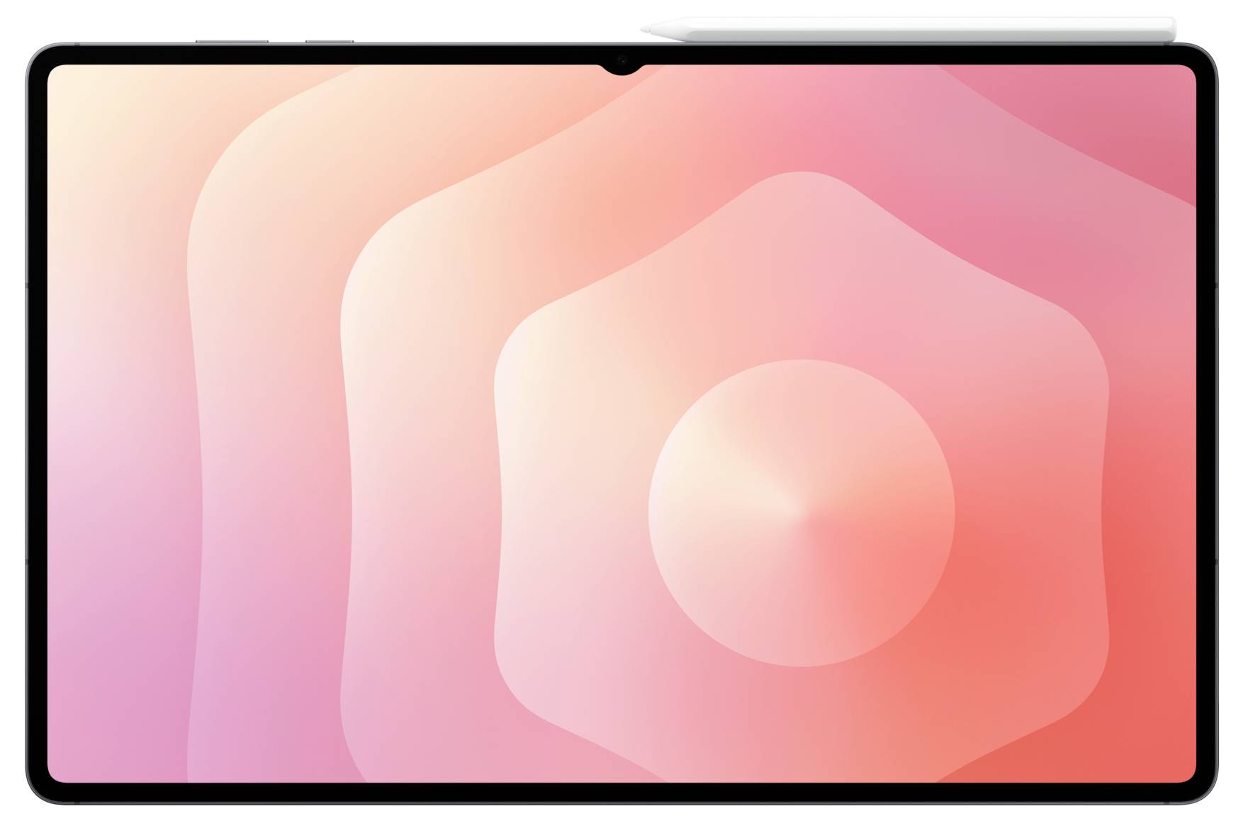 Ein Tablet mit einem rosa und pfirsichfarbenen Farbverlauf-Bildschirm, das ein glattes, abstraktes Wellenmuster aufweist und von vorne betrachtet wird.