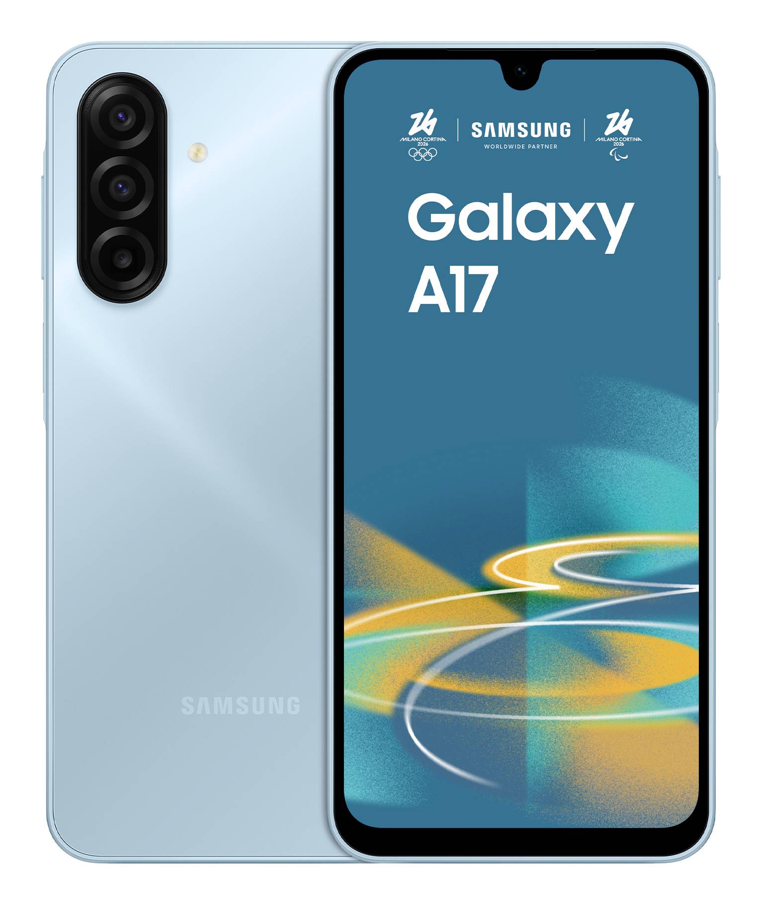 „Ein blaues Samsung Galaxy A17 Smartphone mit dreifacher Rückkamera auf der linken Seite und dem Display zeigt Samsungs Logo und Modellname.
