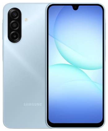 Ein hellblaues Smartphone mit drei Rückkameras und elegantem Design wird angezeigt und verfügt über einen lebendigen Bildschirm mit abstrakten blauen Formen.