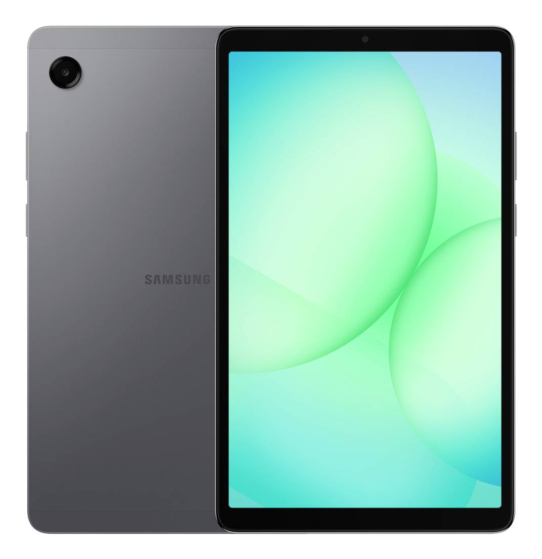 Ein Tablet mit großem Bildschirm wird gezeigt, das ein helles, abstraktes grünes Design anzeigt. Die Rückseite des Geräts ist dunkelgrau mit einer Kamera.
