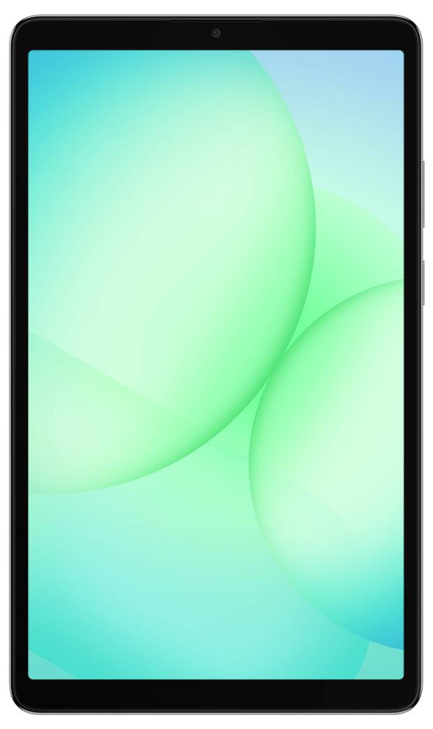 Ein Tablet mit einem hellen Bildschirm, auf dem abstrakte grüne und blaue Formen angezeigt werden.