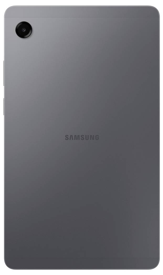 Ein schlankes, minimalistisches Tablet mit grauer Rückseite, mit einer Kamera in der oberen linken Ecke und 