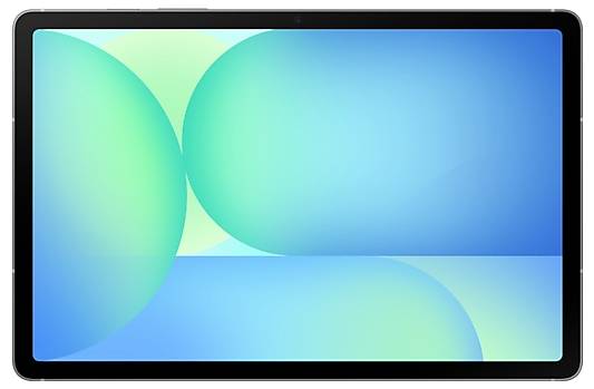 Ein Tablet mit einem abstrakten Hintergrundbild, das große, sich überlappende grüne und blaue Kugeln auf hellblauem Hintergrund zeigt.