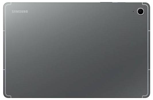 Das Bild zeigt die Rückseite eines Samsung-Tablets mit einer einzelnen Kamera in der Ecke, mit einer eleganten, metallischen grauen Oberfläche.