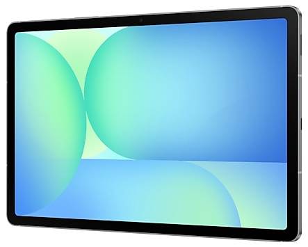 Ein Tablet mit einem rechteckigen Bildschirm, auf dem ein lebendiges abstraktes Design in Blau- und Grüntönen angezeigt wird.