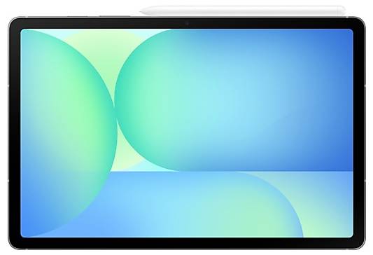 Eine Tablette mit einem Stift, der oben angebracht ist und ein lebendiges abstraktes Design mit überlappenden blauen und grünen Kreisen anzeigt.