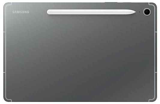 Ein Samsung-Tablet mit elegantem schwarzem Design und einem Stift, der magnetisch an der Rückseite nahe der oberen Kante befestigt ist.