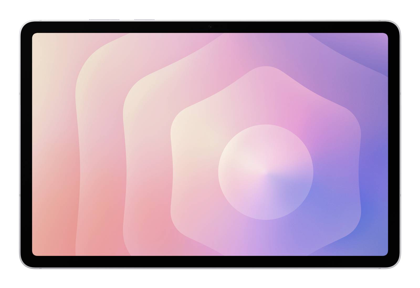 Ein Tablet zeigt ein farbenfohes abstraktes Muster mit konzentriischen Formen in Pastelltönen von Rosa, Orange und Violett.