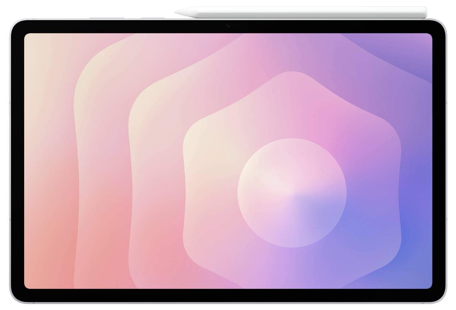 Ein Tablet mit einem digitalen Stift oben darauf, auf dessen Bildschirm ein abstraktes rosa und violettes Spiralmuster angezeigt wird.