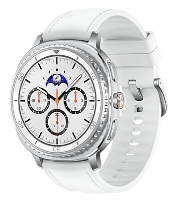 Eine silberne Smartwatch mit weißem Armband, mit einem Analogzifferblatt, drei Unteruhren und einer Mondphaseanzeige oben.