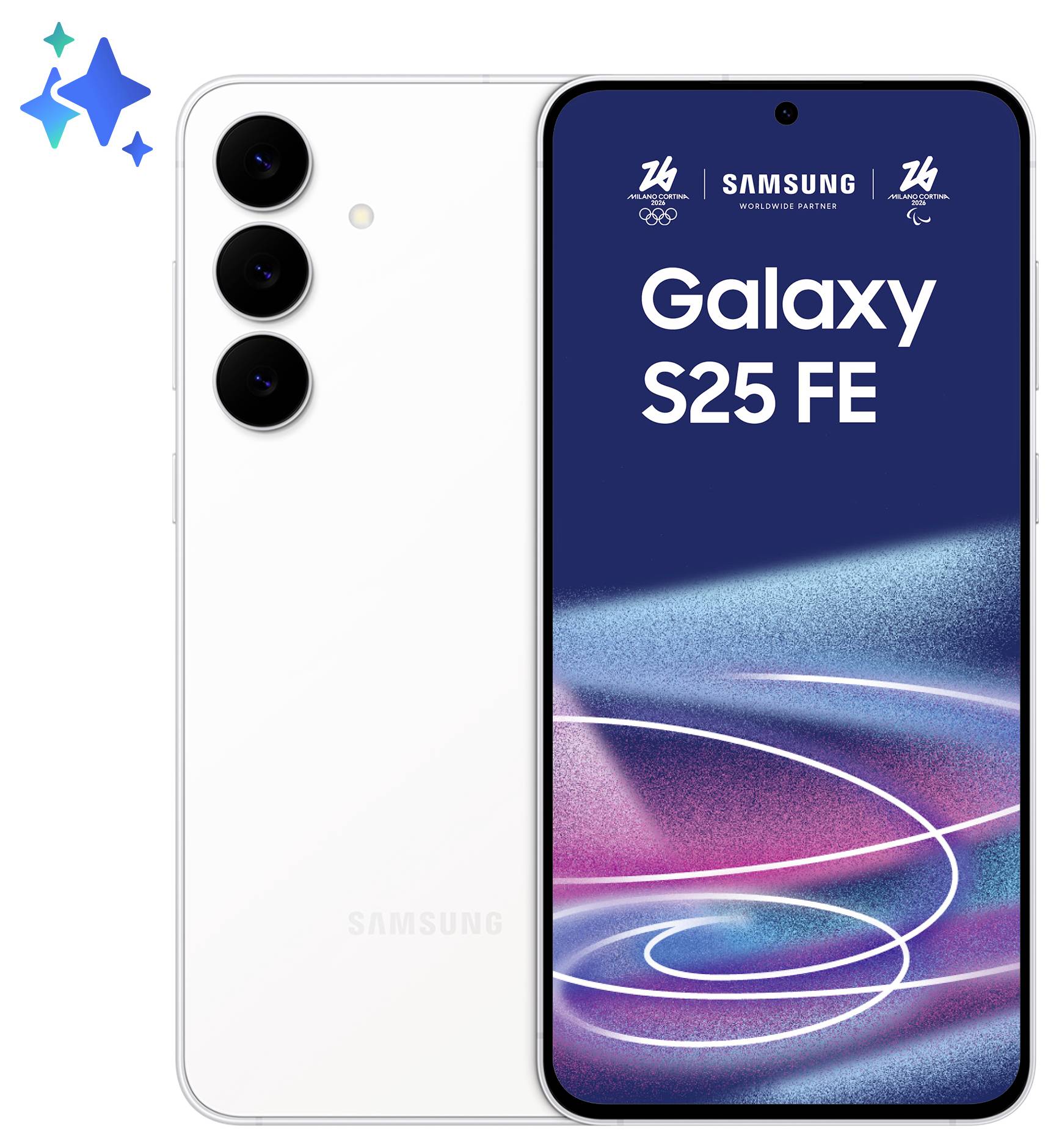 Ein weißes Samsung Galaxy S25 FE Smartphone mit vertikalem Triple-Kamera-Setup. Der Bildschirm zeigt „Galaxy S25 FE