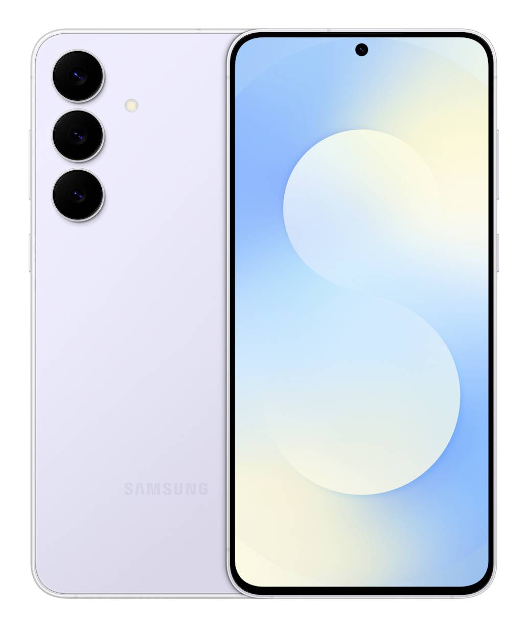 Vorder- und Rückansicht eines silbernen Samsung Galaxy A17 Telefons. Der Bildschirm zeigt den Text „Galaxy A17