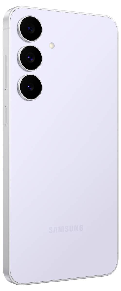 Ein schlankes, hellviolettes Smartphone mit drei auf der Rückseite vertikal angeordneten Kameras in der oberen linken Ecke, von der Rückseite gezeigt.