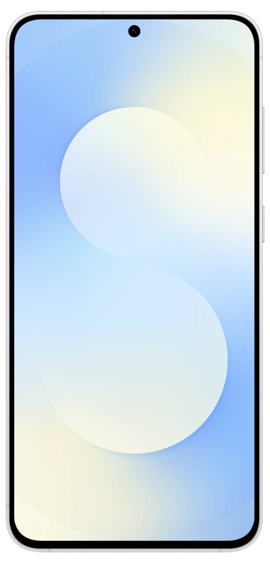 Ein Smartphone mit einem zentrierten Loch für die Frontkamera, auf dessen Bildschirm ein blauer und gelber Farbverlauf angezeigt wird.