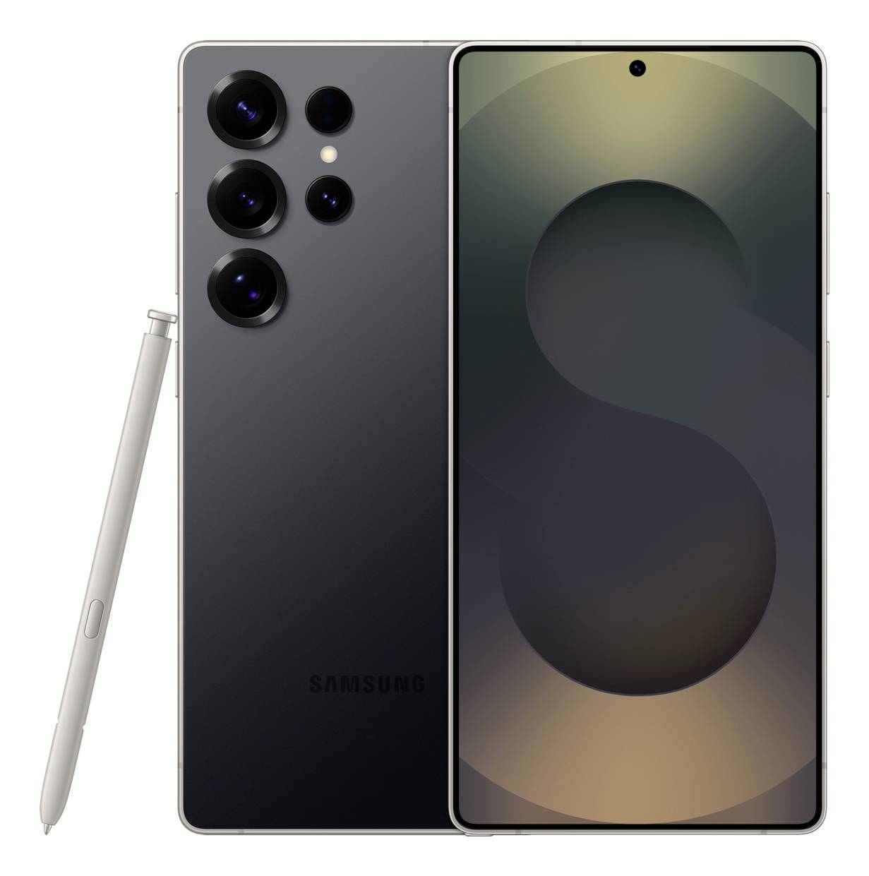 Ein Smartphone mit fünf Kameraobjektiven auf der Rückseite, einem beiliegenden Stift und einem Bildschirm, auf dem eine abstrakte 