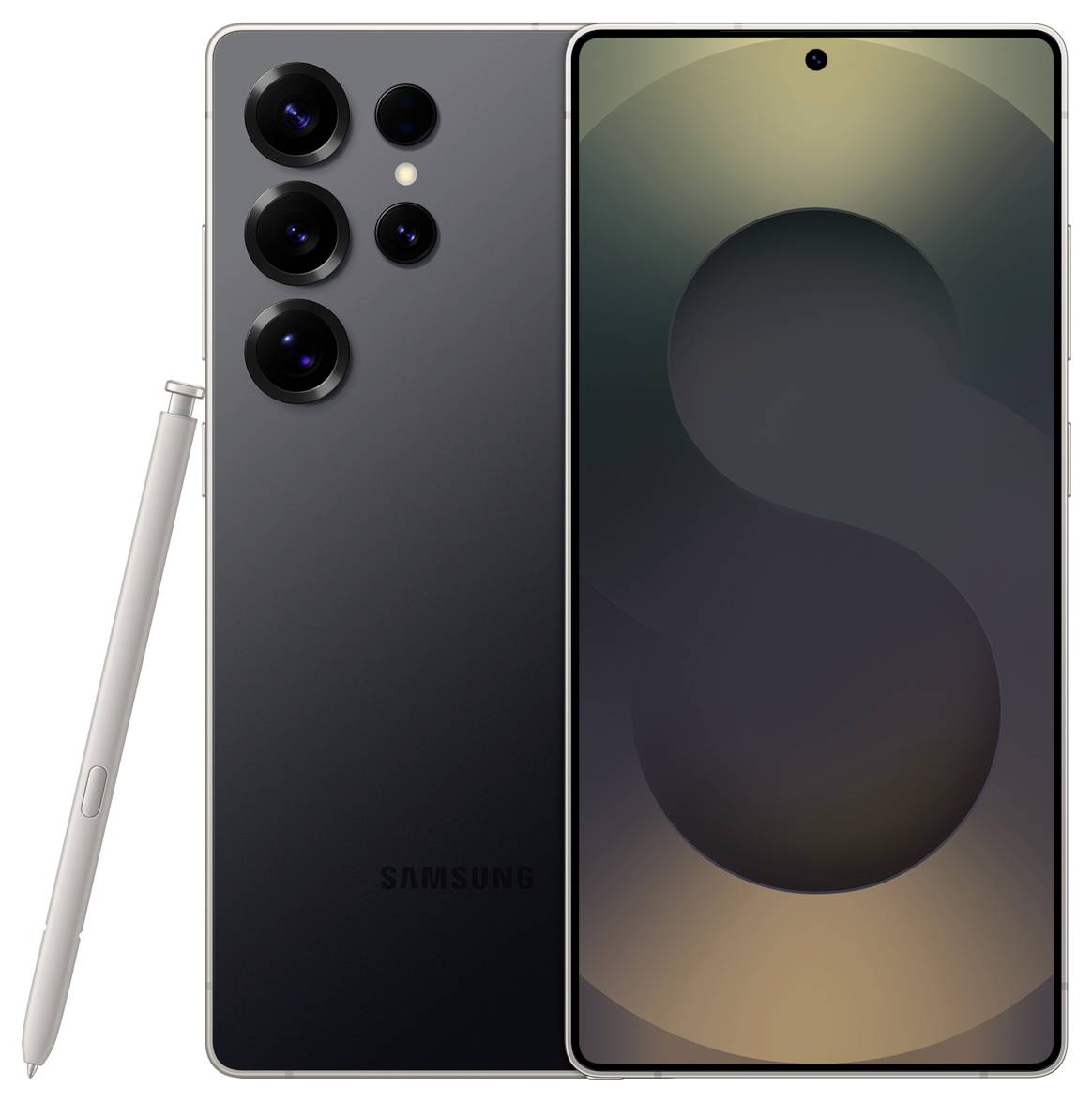 Ein elegantes Smartphone mit Multi-Linsen-Kamera und Stylus-Stift, das ein minimalistisches Design präsentiert. Der Bildschirm zeigt eine abstrakte 