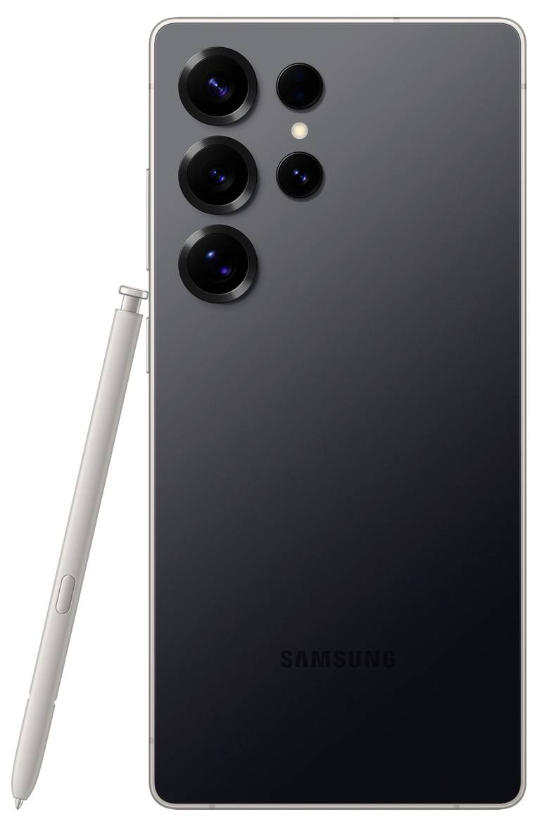 Ein Smartphone mit vier rückseitigen Kameras und einem Stiftstift, das wahrscheinlich fortschrittliche Fotografie- und Notizfunktionen hervorhebt.