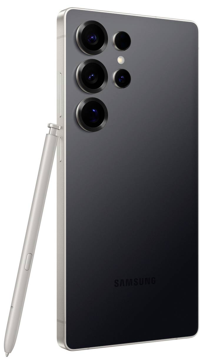 Ein elegantes Smartphone mit grauer Metallic-Oberfläche, das fünf Kameralinsen auf der Rückseite aufweist und einen angebrachten Stiftus-Pen an der Seite hat.