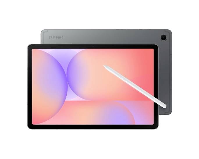 Ein Tablet mit einem Stift, das ein farbenfrohem abstraktes Display zeigt, wird mit einem eleganten, minimalistischen Design präsentiert.
