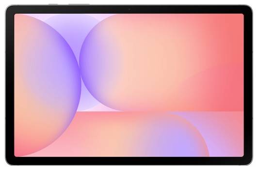 Ein Tablet mit einem Bildschirm, der ein zartes abstraktes Design mit überlappenden Kreisen in Pastelltönen von Rosa, Orange und Violett anzeigt.
