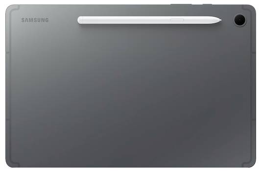 Rückansicht eines Samsung-Tablets mit einem Stylus, der magnetisch oben in der Nähe befestigt ist. Die Kamera ist in der oberen rechten Ecke sichtbar.