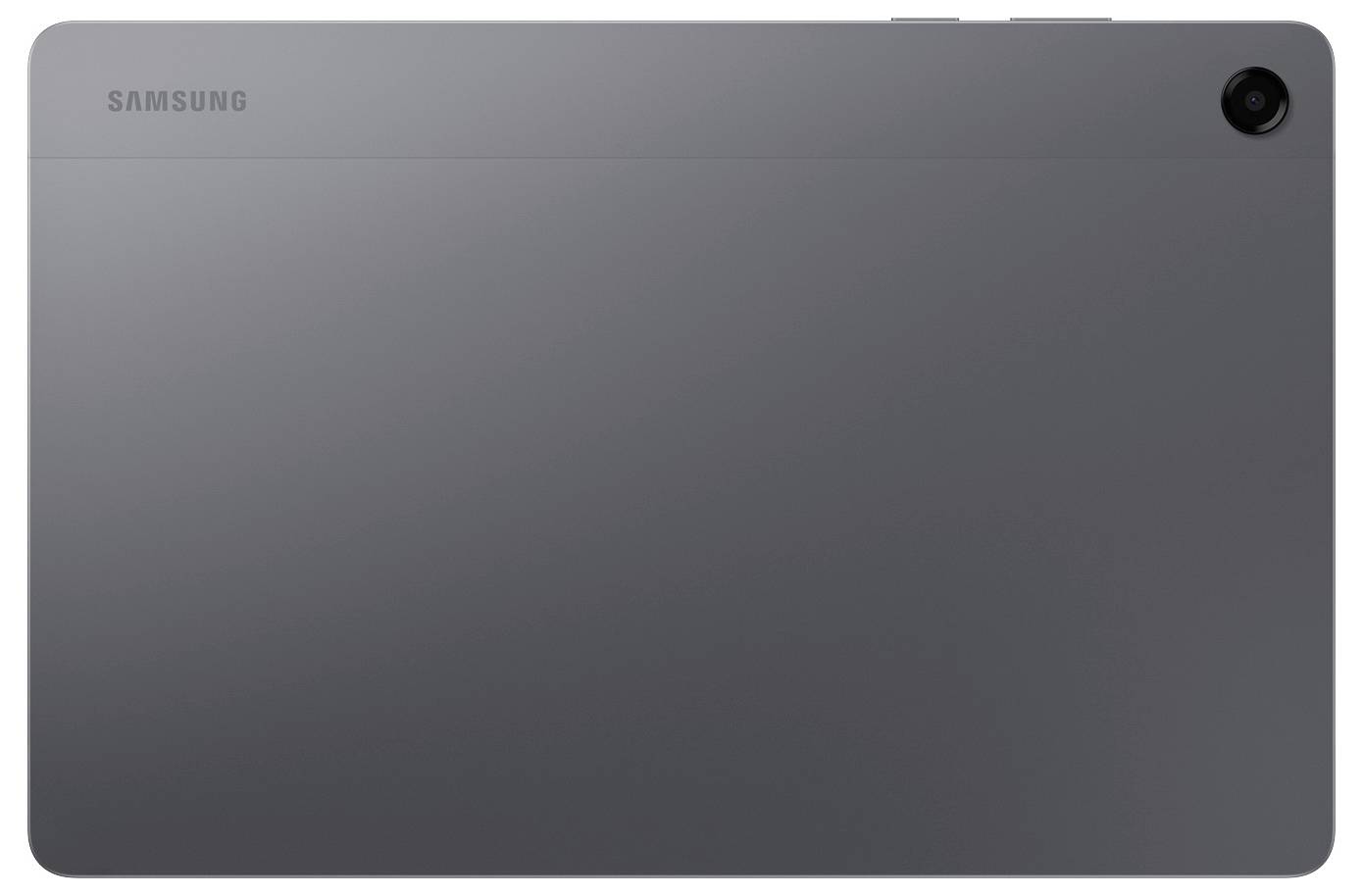Ein schlankes, graues Samsung-Tablet von hinten betrachtet, das das Markenlogo und eine rückwärtige Kamera in der oberen Ecke zeigt.