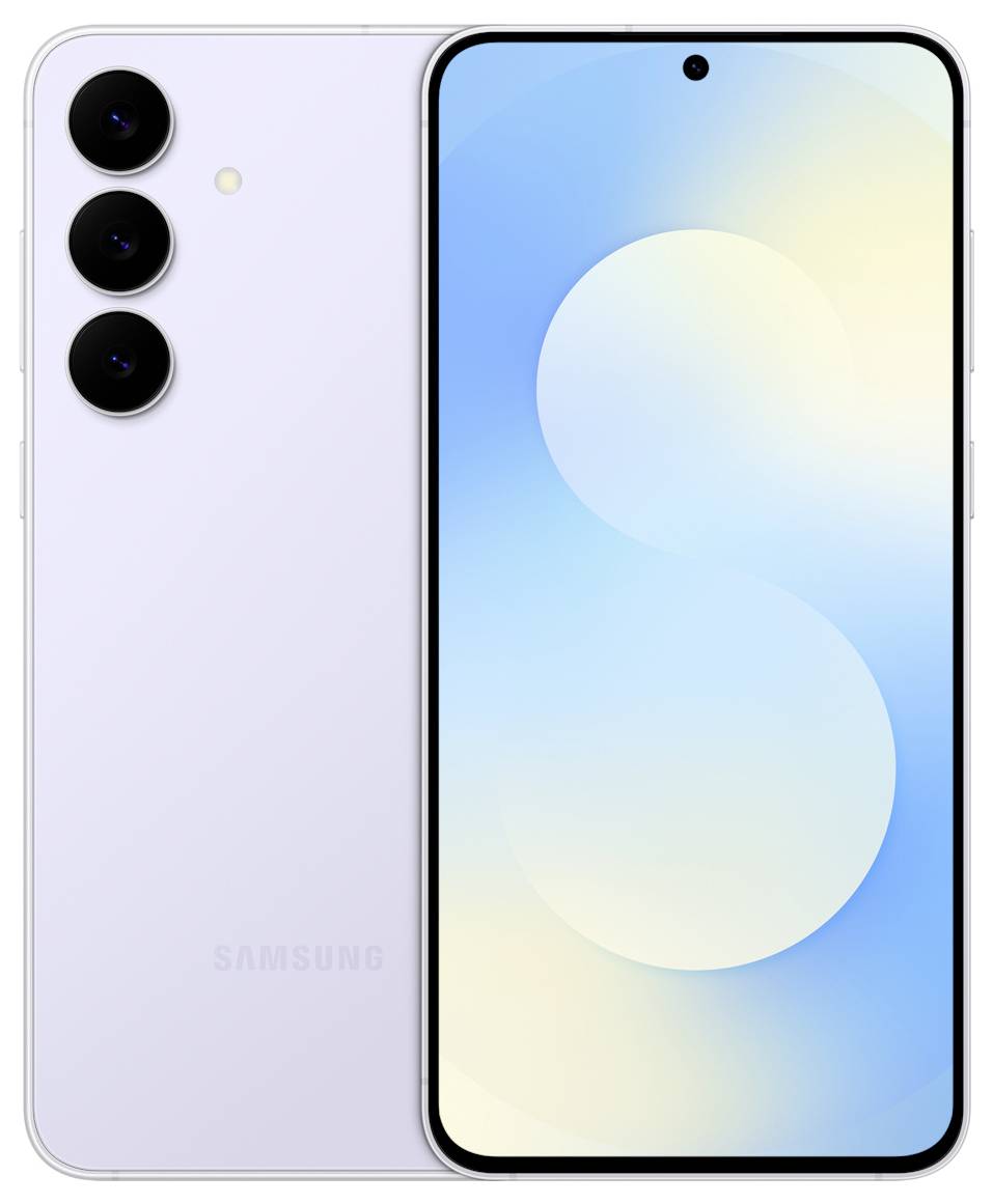 Vorder- und Rückansicht eines modernen Smartphones mit drei Kameraobjektiven und einem großen Bildschirm, auf dem ein helles abstraktes Design angezeigt wird.