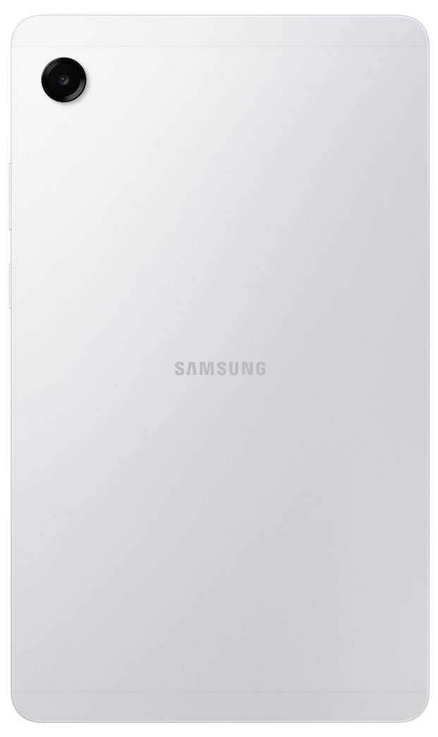 Ein silbernes Tablet mit einer rückseitigen Kamera in der oberen linken Ecke und dem Markennamen „Samsung
