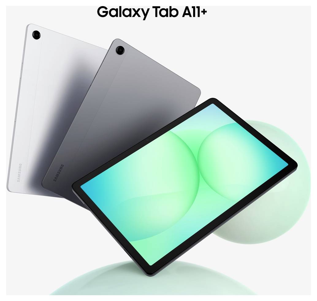 Ein Tablet mit grauem Rücken und farbenfrohem grünem Bildschirm wird angezeigt. Das Samsung-Logo ist auf der Rückseite des Geräts sichtbar.
