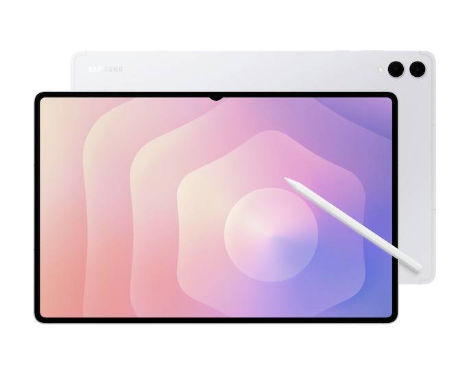 Ein Tablet und Stift; das Tablet zeigt ein farbenfrohes abstraktes Design, das auf einen digitalen Kunst- oder kreativen Kontext hindeutet.