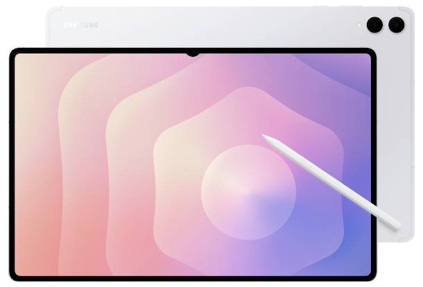 Ein Tablet mit einem Stift davor, auf dem Bildschirm ein abstraktes geometrisches Muster in Rosa und Violett angezeigt.
