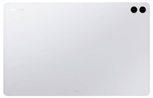 Ein weißes Tablet von hinten mit zwei Kameraobjektiven in der oberen rechten Ecke und 'Samsung'-Branding in der oberen linken Ecke.