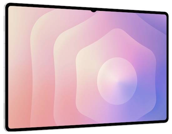 Ein Tablet mit großem Display, das eine abstrakte Tapete mit Pastellrosa- und Lilatönen und kreisförmigen Farbverlaufmustern zeigt.