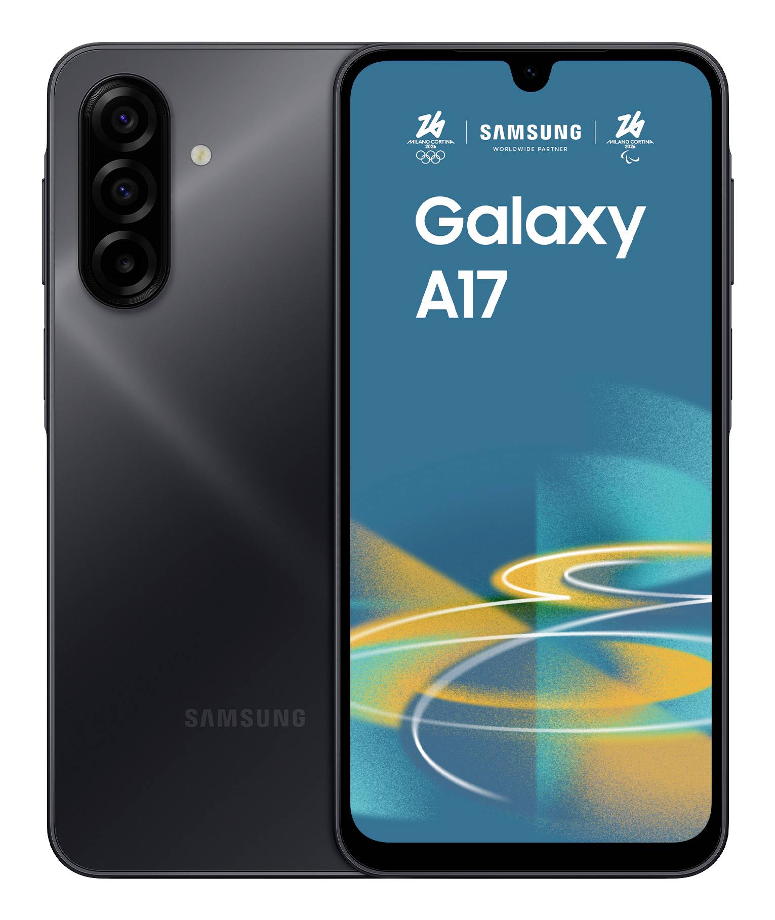 Ein Samsung Galaxy A17 Smartphone mit dreifacher Rückfahrtkamera wird gezeigt. Der Bildschirm zeigt abstrakte Muster und den Text „Galaxy A17