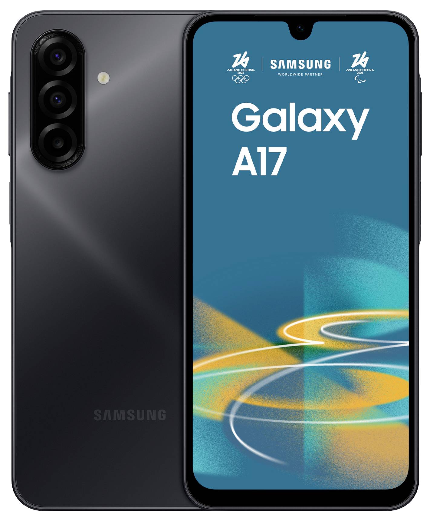 Ein schwarzes Samsung Galaxy A17-Smartphone mit drei rückwärtigen Kameras. Der Bildschirm zeigt den Text „Galaxy A17