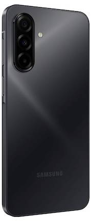 Ein elegantes, schwarzes Smartphone mit dreifacher Kameraausstattung auf der Rückseite, Markenlogo sichtbar.