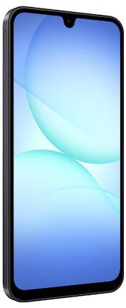 Ein hellblaues Smartphone mit einem dreifachen Kamerasystem auf der Rückseite und einem Bildschirm, auf dem ein blauer abstrakter Hintergrund angezeigt wird.